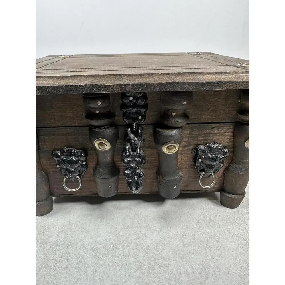 Vintage Wooden Jewelry Box With Lion Pulls Rustic Red Lined 10x7.75